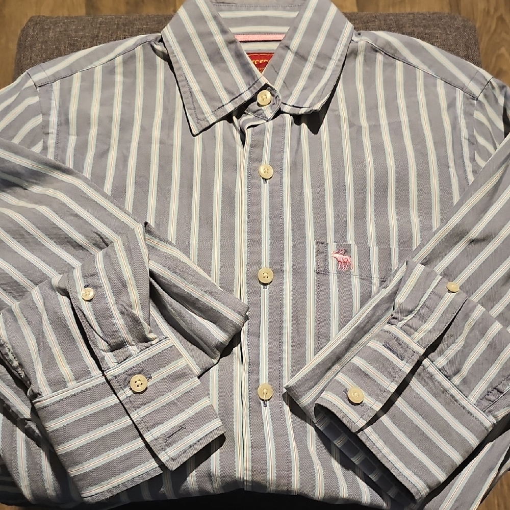 Vintage Abercrombie & Fitch Blue White Striped Shirt Button Size Small Moose